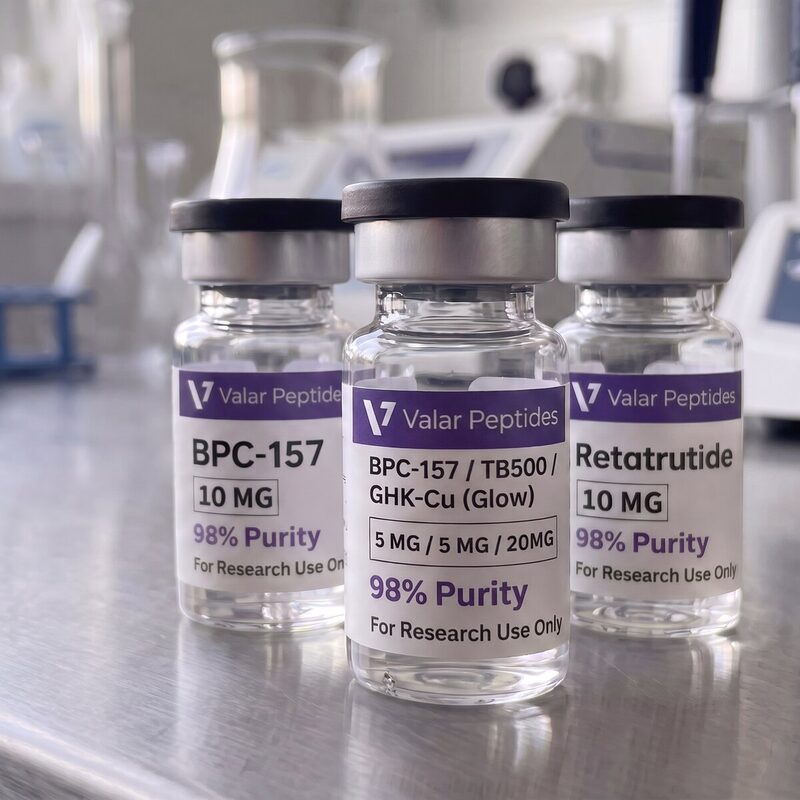 Valar Peptides vials on a laboratory bench